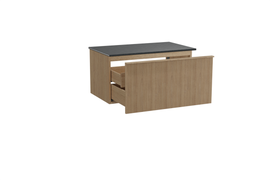 Balmani Forma meuble salle de bains suspendu 90 x 55 cm chêne naturel avec Stretto tablette simple en granit noir, Nervure droite symétrique verticale