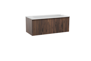 Balmani Forma hängendes Möbelstück Set: 120 x 55 cm, Amerikanischer Nussbaum, mit Tablo Strada Einzelwaschtisch, Marmorkomposit, Weiß glänzend, Vertikale symmetrische gerade Rippe