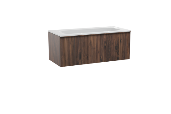 Balmani Forma zwevend badkamermeubel 120 x 55 cm amerikaanse notelaar met Tablo Strada enkele wastafel in composietmarmer glanzend wit, Verticale symmetrische rechte ribbel