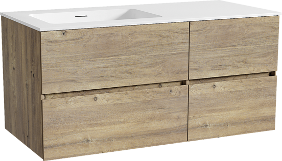 Storke Edge hängendes Möbelstück Set: 110 x 52 cm, Rohe Eiche, mit Mata Waschtisch links, Solid Surface Weiß matt