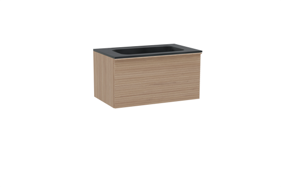 Balmani Forma meuble salle de bains suspendu 90 x 55 cm chêne naturel avec Tablo Strada plan simple en marbre composite noir mat, Nervure droite symétrique horizontale