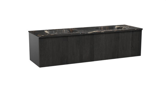 Balmani Forma hängendes Möbelstück Set: 180 x 55 cm, Schwarze Eiche, mit Tablo Arcato Doppelwaschtisch, Marmor, Portoro Gold, Vertikale symmetrische gerade Rippe