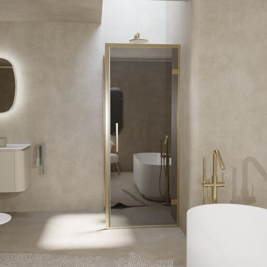 Balmani Senses Design douche d'angle avec porte pivotante à droite et paroi latérale fixe, 90 x 100 cm, Verre miroir reflex, Profil Brushed Champagne Gold