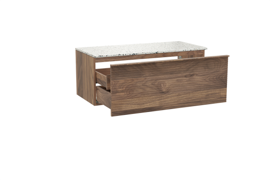 Balmani Forma hängendes Möbelstück Set: 120 x 55 cm, Amerikanischer Nussbaum, mit Stretto Einzel- oder Doppel Waschtischplatte, Terrazzo in Weiß/Schwarz matt, Horizontale symmetrische gerade Rippe