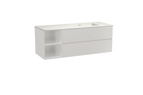 Storke Edge meuble salle de bains suspendu 140 x 52 cm blanc brillant avec Mata plan vasque asymétrique à droite en solid surface blanc mat