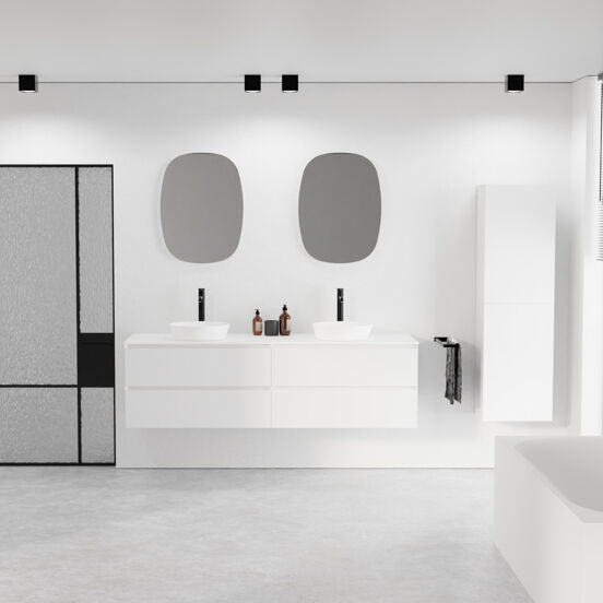 Balmani Mitra zwevend badkamermeubel 180 x 55 cm mat wit met Stretto enkel of dubbel tablet in solid surface mat wit