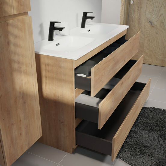 Linie Lado freistehendes Möbelstück Set: 120 x 46 cm, Naturbelassene Eiche, mit Baro Doppelwaschtisch, Porzellan Weiß matt