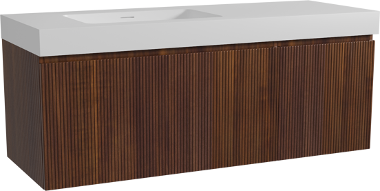 Storke Ribs hängendes Möbelstück Set: 140 x 52 cm, Nussbaum, mit Mata High Waschtisch links, Solid Surface, Weiß matt, Vertikale symmetrische gerade Rippe