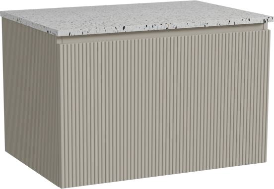 Storke Ribs zwevend badmeubel 75 x 52 cm zijdegrijs met Tavola enkel wastafelblad in mat wit/zwart terrazzo, Verticale symmetrische rechte ribbel
