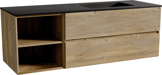 Storke Edge zwevend badmeubel 150 x 52 cm ruw eiken met Scuro asymmetrisch rechtse wastafel in kwarts mat zwart