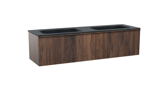 Balmani Forma hängendes Möbelstück Set: 180 x 55 cm, Amerikanischer Nussbaum, mit Tablo Strada Doppelwaschtisch, Marmorkomposit, Schwarz matt, Vertikale symmetrische gerade Rippe