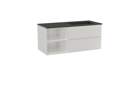 Storke Edge zwevend badmeubel 120 x 52 cm hoogglans wit met Scuro asymmetrisch rechtse wastafel in kwarts mat zwart