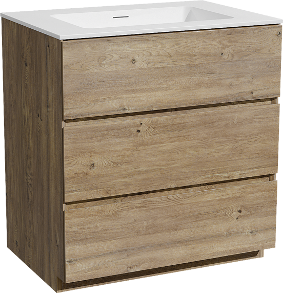 Storke Edge staand badkamermeubel 75 x 52 cm ruwe eik met Mata enkele wastafel in solid surface mat wit