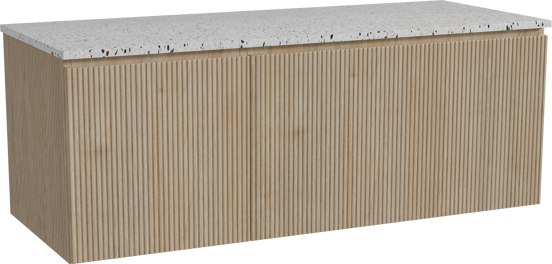 Storke Ribs zwevend badmeubel 130 x 52 cm ruw eiken met Tavola enkel of dubbel wastafelblad in mat wit/zwart terrazzo, Verticale symmetrische rechte ribbel