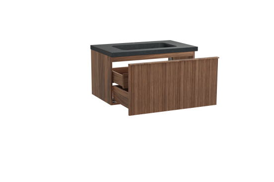 Balmani Forma hängendes Möbelstück Set: 90 x 55 cm, Amerikanischer Nussbaum, mit Napoli Einzelwaschtisch, Granit, Schwarzes Granit, Vertikale asymmetrische Runde Rippe