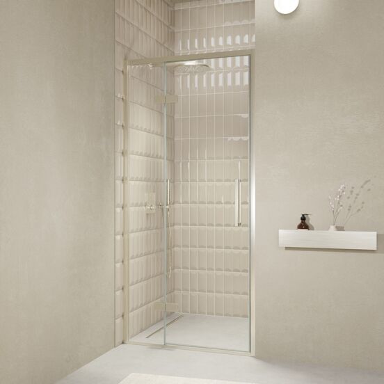 Balmani Senses Design Dusche Drehtür, Links, 100 cm x 210 cm, Klarglas, Profil Brushed CoolMetal, inklusive Coating
