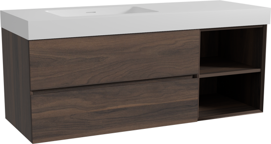 Storke Edge meuble salle de bains suspendu 140 x 52 cm noyer avec Mata High vasque asymétrique gauche en solid surface blanc mat