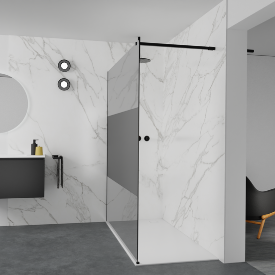 Balmani Modular inloopdouche: 180 x 200 cm, Rookglas met matte strook met coating, Mat zwarte profielen