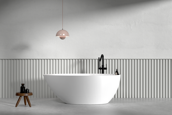 Balmani Colea ovaal vrijstaand bad 160 x 86 cm Solid Surface mat wit met geïntegreerde legplank