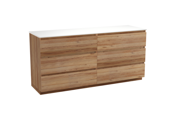 Balmani Lucida staand badkamermeubel 180 x 55 cm teak met Stretto enkel of dubbel tablet in solid surface mat wit