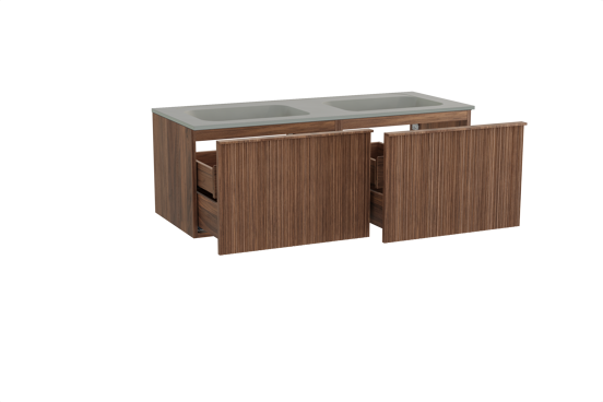 Balmani Forma meuble salle de bains suspendu 135 x 55 cm noyer américain avec Tablo Strada double vasque en marbre composite soie grise, Nervure circulaire asymétrique verticale