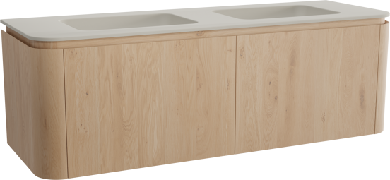 Balmani Moon meuble salle de bains suspendu 160 x 55 cm chêne naturel avec Moon double vasque en top solid soie grise