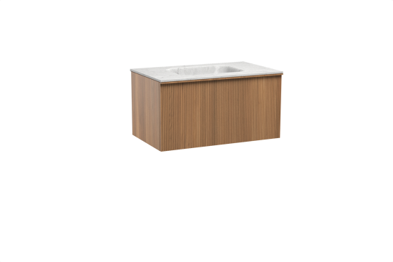 Balmani Forma zwevend badkamermeubel 90 x 55 cm teak met Tablo Arcato enkele wastafel in marmer carrara, Verticale symmetrische rechte ribbel