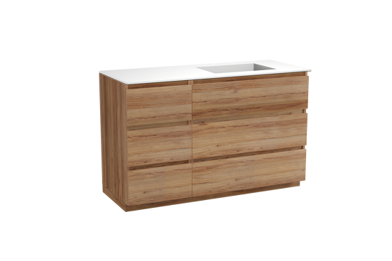 Balmani Lucida freistehendes Möbelstück Set: 135 x 55 cm, Teak, mit Tablo Stretto Waschtisch rechts, Solid Surface Weiß matt