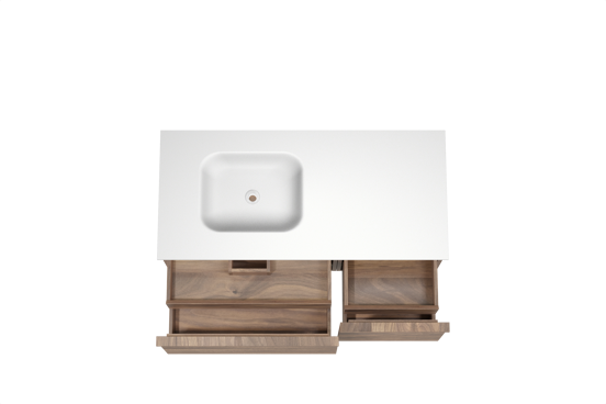 Balmani Forma meuble salle de bains suspendu 120 x 55 cm noyer américain avec Tablo Arcato plan vasque asymétrique à gauche en solid surface blanc mat, Nervure droite symétrique horizontale