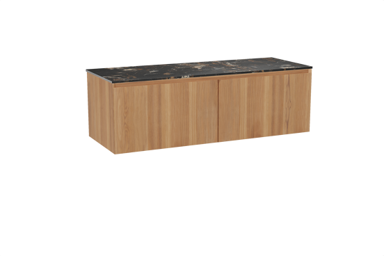 Balmani Idra hängendes Möbelstück Set: 150 x 55 cm, Teak, mit Stretto Einzel- oder Doppel Waschtischplatte, Marmor Portoro Gold