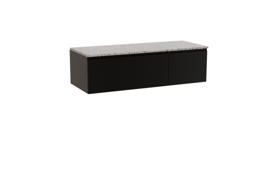 Storke Edge hängendes Möbelstück Set: 130 x 52 cm, Schwarz matt, mit Tavola Einzel- oder Doppel Waschtischplatte, Terrazzo in Weiß/Schwarz matt