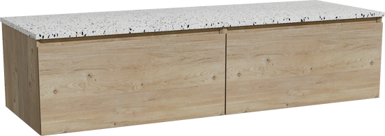 Storke Edge zwevend badmeubel 150 x 52 cm ruw eiken met Tavola enkel of dubbel wastafelblad in mat wit/zwart terrazzo