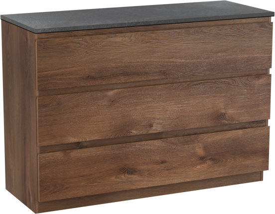Linie Lado freistehendes Möbelstück Set: 120 x 46 cm, Braune Eiche, mit Lado Einzel- oder Doppel Waschtischplatte, Melamin Schiefergrau