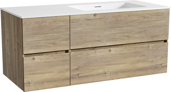 Storke Edge meuble salle de bains suspendu 120 x 52 cm chêne brut avec Mata plan vasque asymétrique à droite en solid surface blanc mat