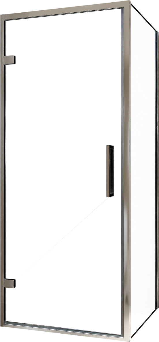 Balmani Senses Design douche en coin avec porte pivotante à gauche et paroi latérale fixe, 90 x 100 cm, Verre transparent, Profil chrome