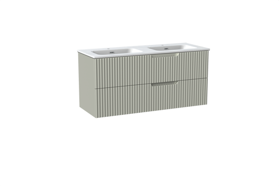 Linie Ribbo meuble salle de bains suspendu 120 x 46 cm greige avec Baro double vasque en porcelaine blanc brillant, Nervure circulaire symétrique verticale