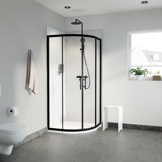 Linie Cadiz douchehoek met hoekinstap met dubbel schuifdeur kwartrond 90 x 90 cm helder glas mat zwart profiel