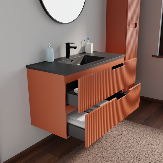 Linie Ribbo hängendes Möbelstück Set: 100 x 46 cm, Cotto, mit Vano Einzelwaschtisch, Marmorkomposit, Schwarz matt, Vertikale symmetrische runde Rippe
