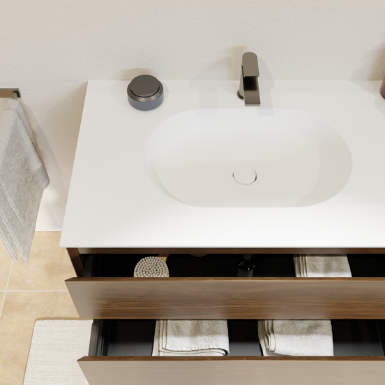 Balmani Mitra meuble salle de bains suspendu 150 x 55 cm noyer américain avec Tablo Oval double vasque en solid surface blanc mat