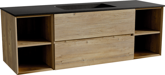 Storke Edge zwevend badmeubel 155 x 52 cm ruw eiken met Scuro enkele wastafel in kwarts mat zwart