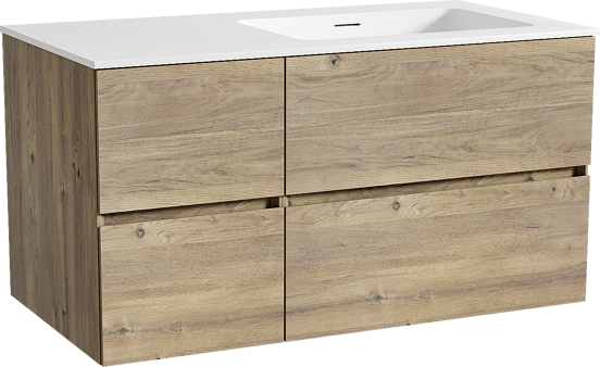 Storke Edge zwevend badmeubel 100 x 52 cm ruw eiken met Mata asymmetrisch rechtse wastafel in solid surface mat wit