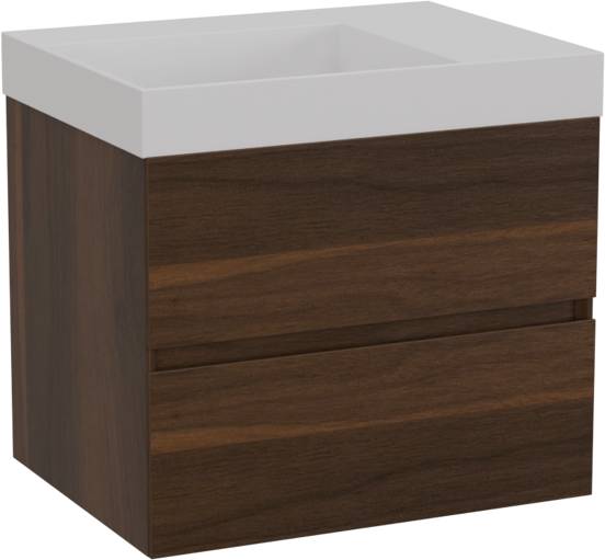 Storke Edge zwevend badkamermeubel 60 x 46 cm notelaar met Jura asymmetrisch linkse wastafel in solid surface mat wit