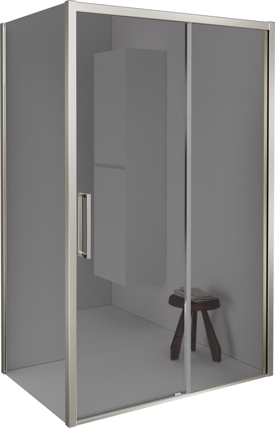 Balmani Senses Design douche en coin avec porte coulissante à droite et paroi latérale fixe, 120 x 80 cm, Miroir Reflex, Profil Brushed CoolMetal