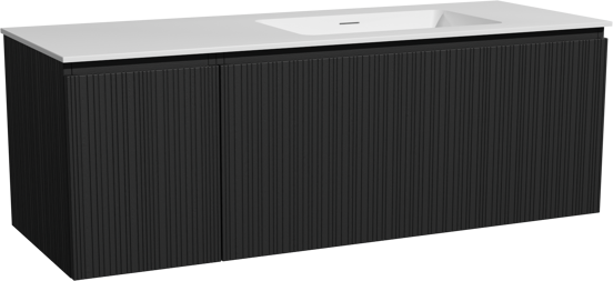 Storke Ribs meuble salle de bains suspendu 140 x 52 cm chêne noir avec Mata vasque asymétrique droite en solid surface blanc mat, Nervure droite asymétrique verticale