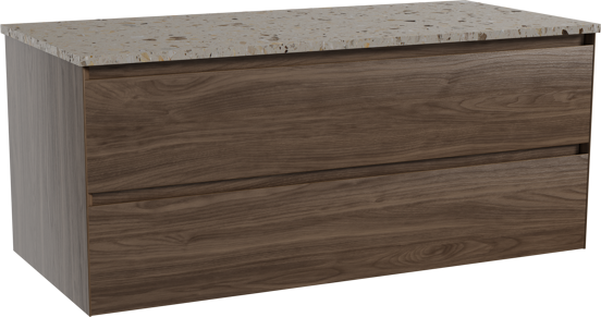 Balmani Mitra hängendes Möbelstück Set: 120 x 55 cm, Amerikanischer Nussbaum, mit Stretto Einzel- oder Doppel Waschtischplatte, Terrazzo in Greige