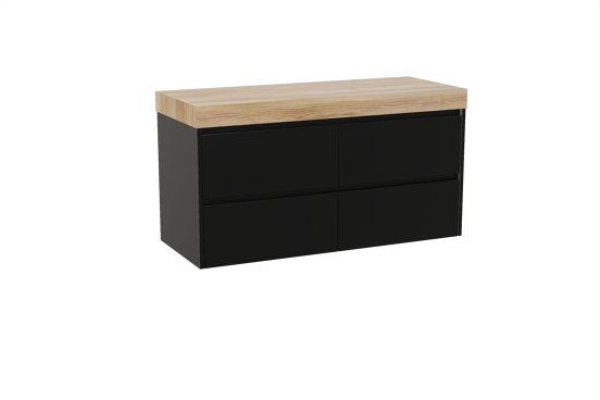 Storke Seda hängendes Möbelstück Set: 130 x 52 cm, Schwarz matt, mit Kada Einzel- oder Doppel Waschtischplatte, Hochdrucklaminat (HPL) Rustikales Teak