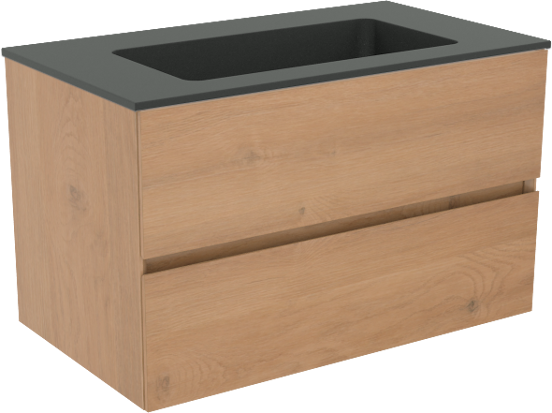 Storke Edge zwevend badmeubel 80 x 46 cm ruw eiken met Scuro enkele wastafel in kwarts mat zwart