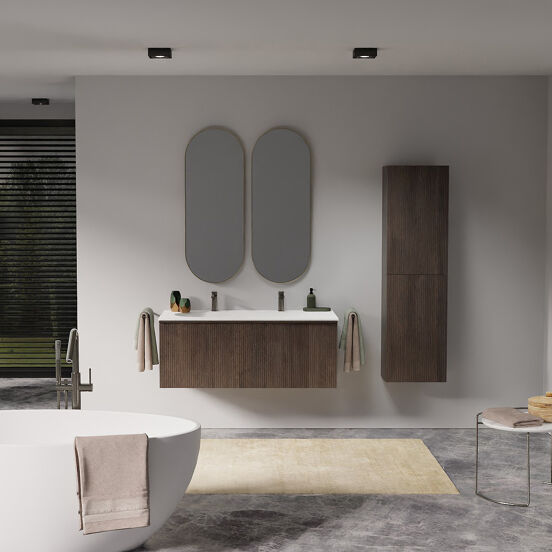 Balmani Forma meuble salle de bains suspendu 120 x 55 cm chêne fumé avec Tablo Oval plan vasque asymétrique à gauche en solid surface blanc mat, Nervure droite symétrique verticale