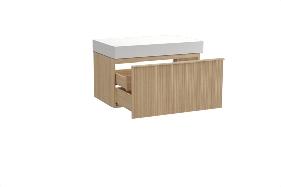 Balmani Forma hängendes Möbelstück Set: 90 x 55 cm, Naturbelassene Eiche, mit Dominus Einzel Waschtischplatte, Solid Surface, Weiß matt, Vertikale asymmetrische Runde Rippe