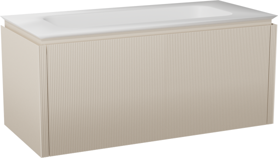 Balmani Eclips zwevend badkamermeubel 120 x 55 cm Sandbeige met Eclips enkele wastafel in Solid Surface mat wit, Verticale symmetrische rechte ribbel